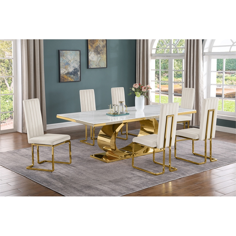Best Quality Furniture White Marble Dining Set with Cream Velvet Chairs