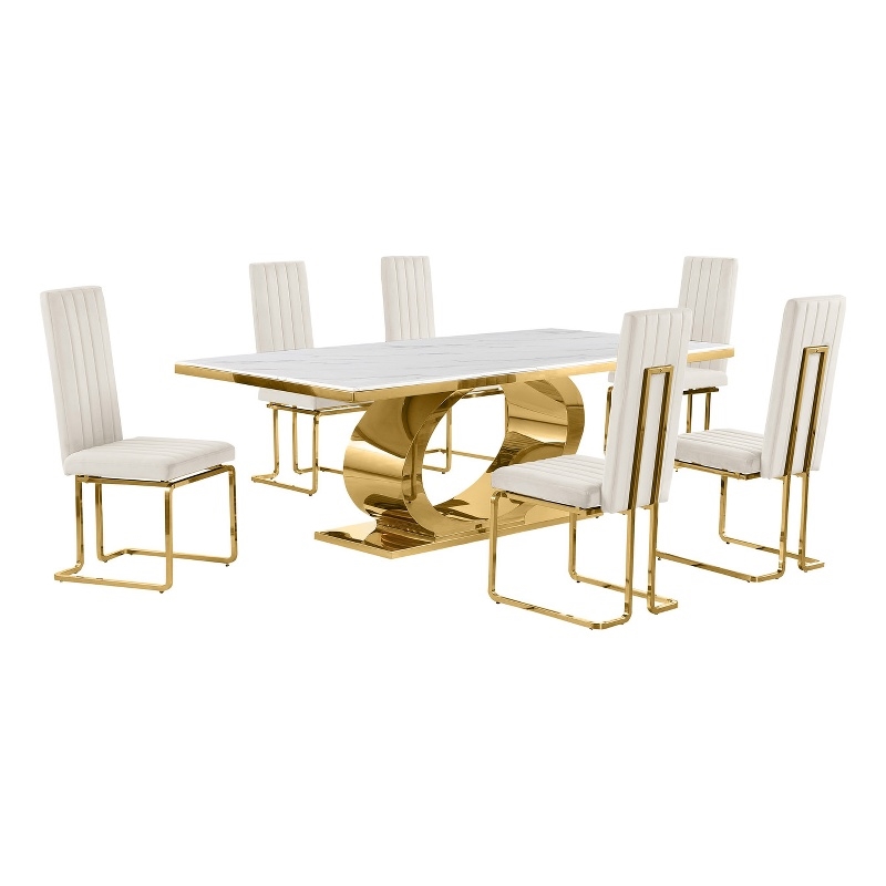 Best Quality Furniture White Marble Dining Set with Cream Velvet Chairs