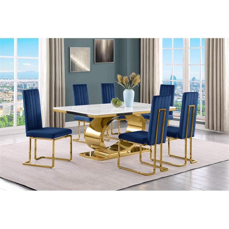 Best Quality Furniture White Marble Dining Set with Navy Blue Velvet Chairs