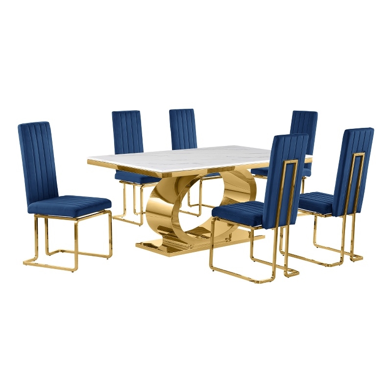 Best Quality Furniture White Marble Dining Set with Navy Blue Velvet Chairs