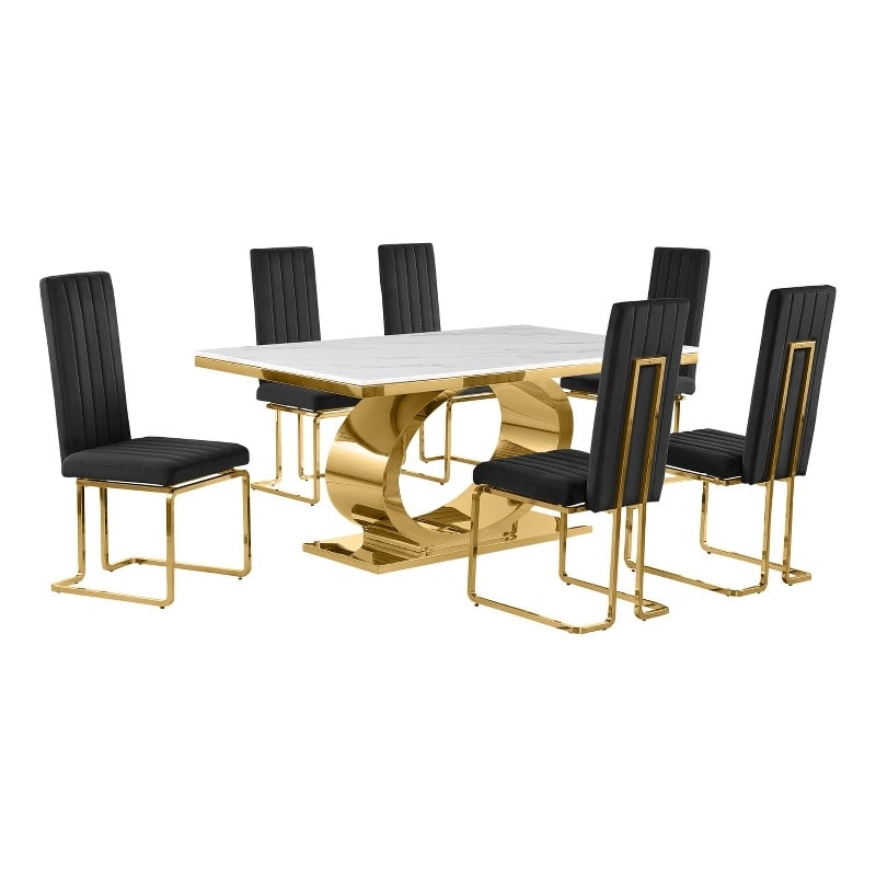 Best Quality Furniture White Marble Dining Set with Black Velvet Chairs