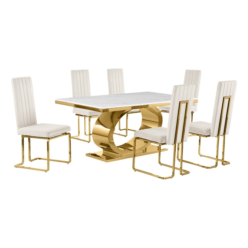 Best Quality Furniture White Marble Dining Set with Cream Velvet Chairs