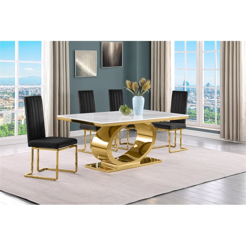 Best Quality Furniture White Marble Dining Set with Black Velvet Chairs