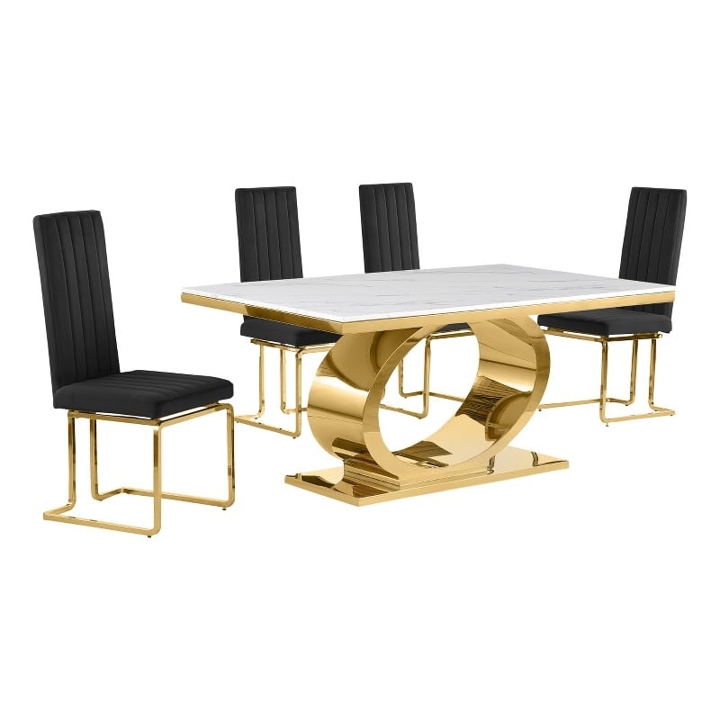 Best Quality Furniture White Marble Dining Set with Black Velvet Chairs