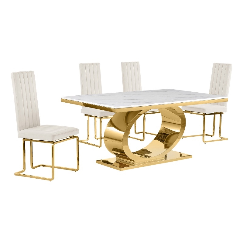 Best Quality Furniture White Marble Dining Set with Cream Velvet Chairs