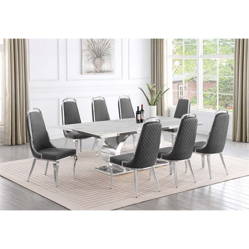 Best Quality Furniture White Marble Dining Set with Dark Gray Velvet Chairs