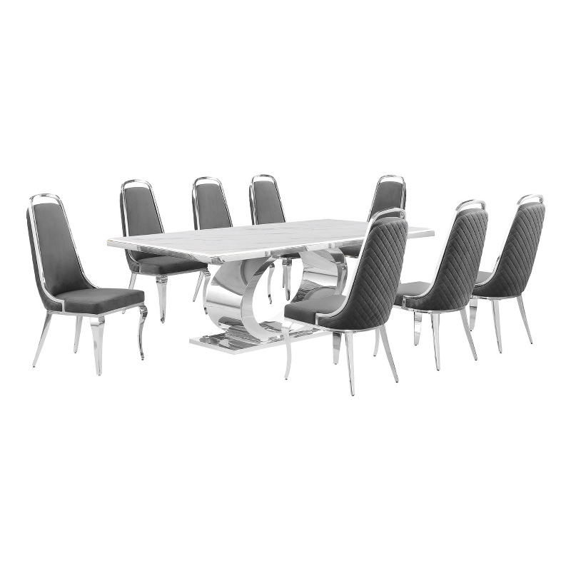 Best Quality Furniture White Marble Dining Set with Dark Gray Velvet Chairs