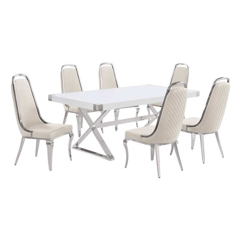 Best Quality Furniture 7PC Wood Dining Set (Dining Table + 6 Cream Chairs)