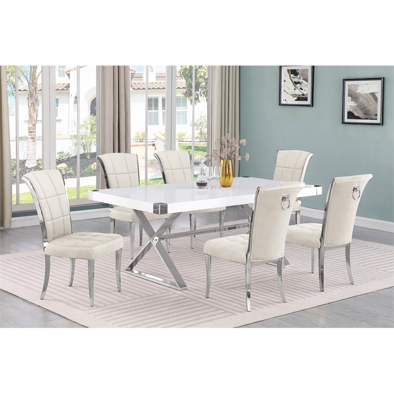 Best Quality Furniture 7PC Wood Dining Set (Dining Table + 6 Cream Chairs)