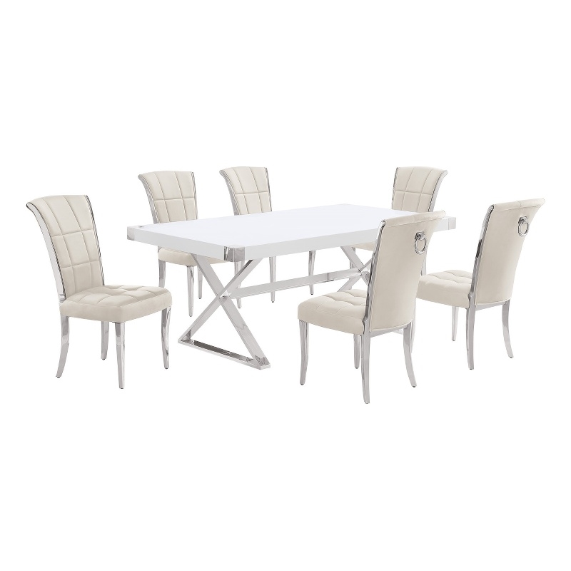 Best Quality Furniture 7PC Wood Dining Set (Dining Table + 6 Cream Chairs)