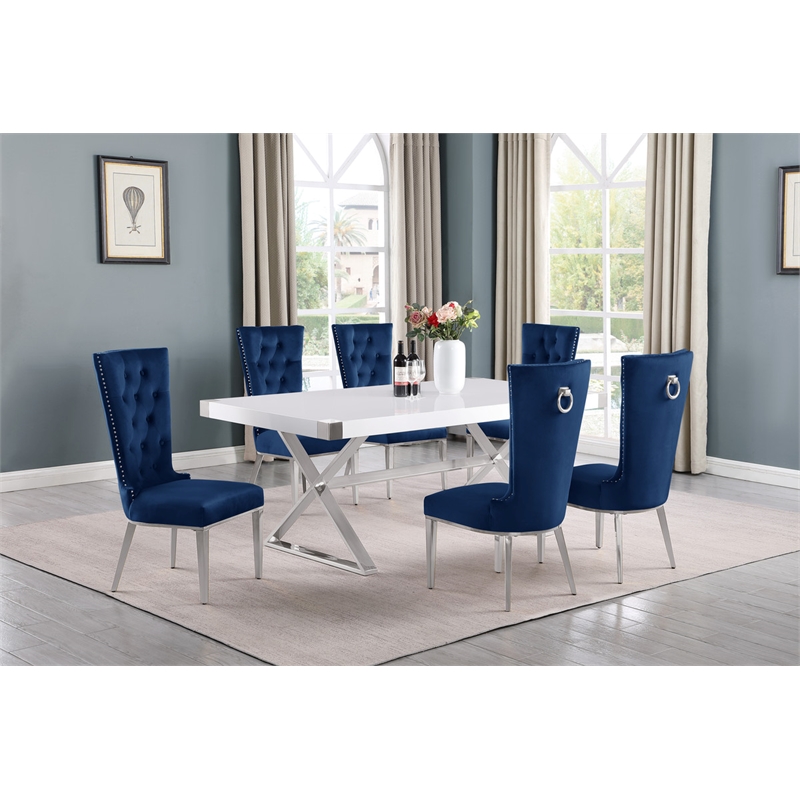 Best Quality Furniture 7PC Wood Dining Set (Dining Table + 6 Navy Blue Chairs)