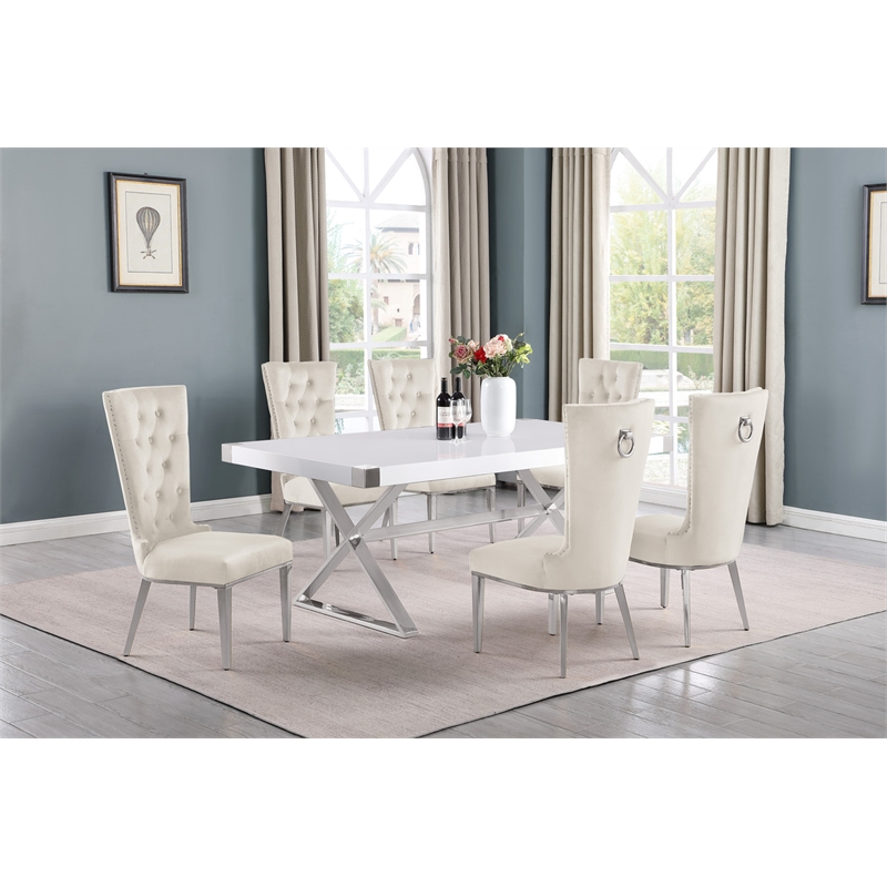 Best Quality Furniture 7PC Wood Dining Set (Dining Table + 6 Cream Chairs)