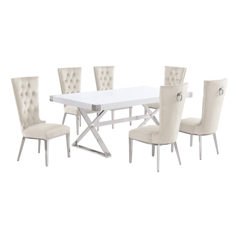 Best Quality Furniture 7PC Wood Dining Set (Dining Table + 6 Cream Chairs)