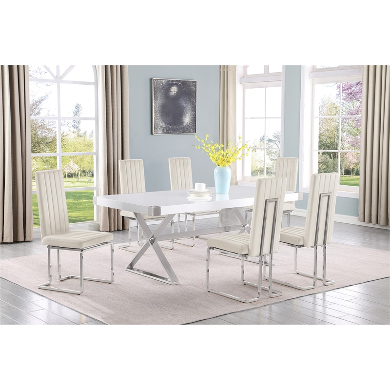 Best Quality Furniture 7PC Wood Dining Set (Dining Table + 6 Cream Chairs)
