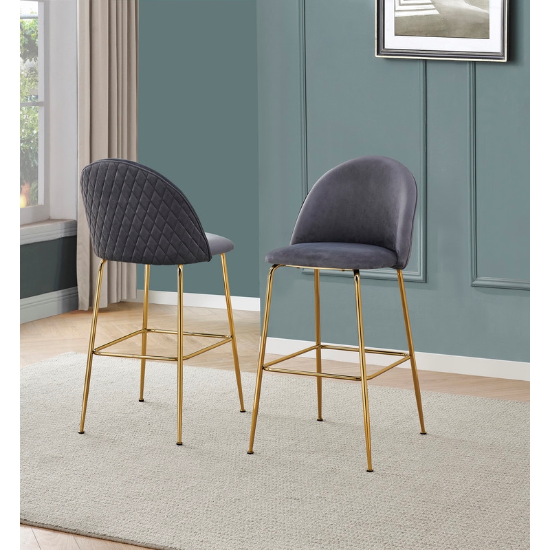 Best Quality Furniture Set of 2 Dark Gray Velvet Quilted Back Bar Stools