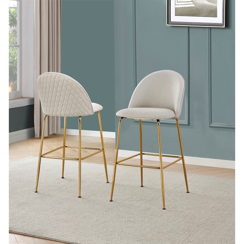 Best Quality Furniture Set of 2 Cream Velvet Quilted Back Bar Stools
