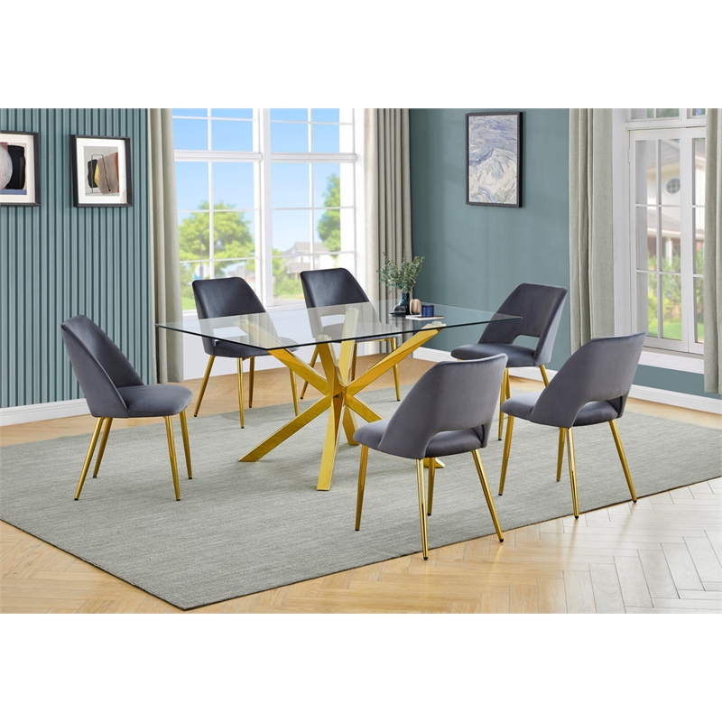 Best Quality Furniture Clear Glass Dining Set w Dark Gray Velvet Chairs