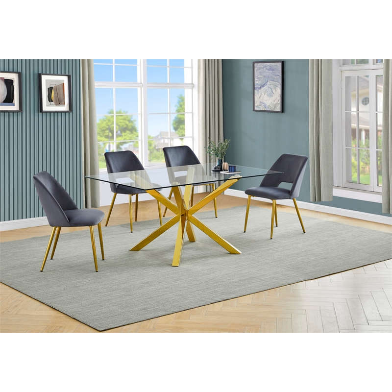 Best Quality Furniture Clear Glass Dining Set w Dark Gray Velvet Chairs