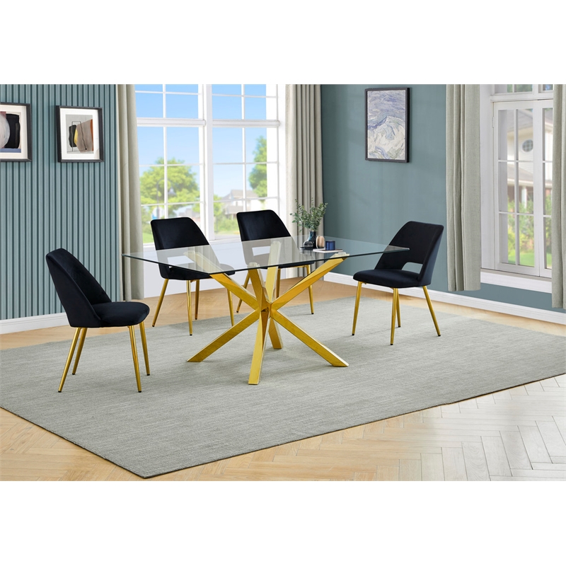 Best Quality Furniture Clear Glass Dining Set w Black Velvet Chairs
