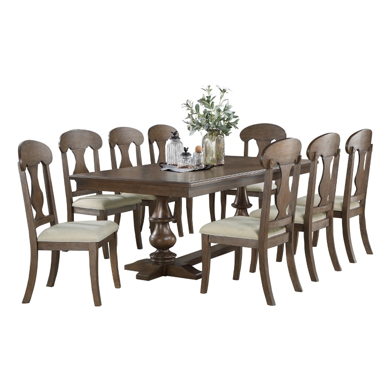 Best Quality Furniture 9pc Extendable Oak Wood Dining Set with Beige Chairs
