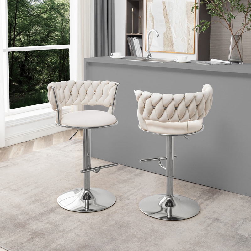 Best Quality Furniture Set of 2 Cream Velvet Upholstered Barstools