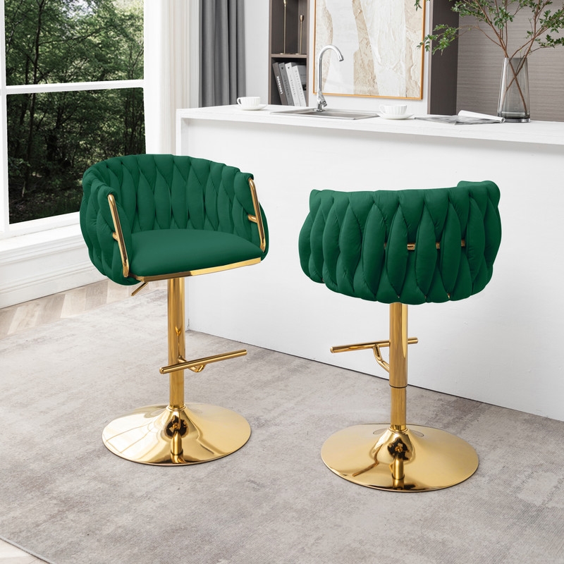 Best Quality Furniture Set of 2 Emerald Green Velvet Upholstered Barstools