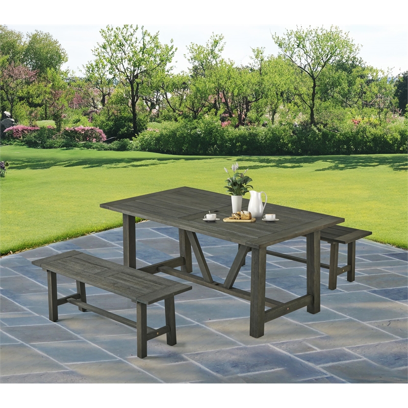 Best Quality Furniture 3pc Rustic Gray Acacia Wood Patio Set with Bench