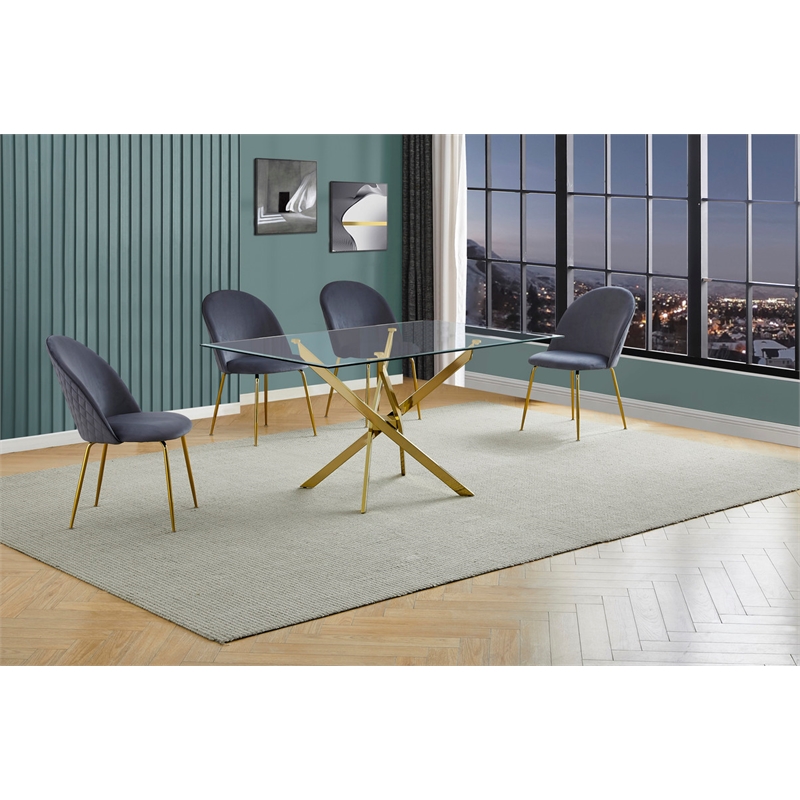 Best Quality Furniture 5pc Glass Dining Set with Dark Gray Velvet Chairs
