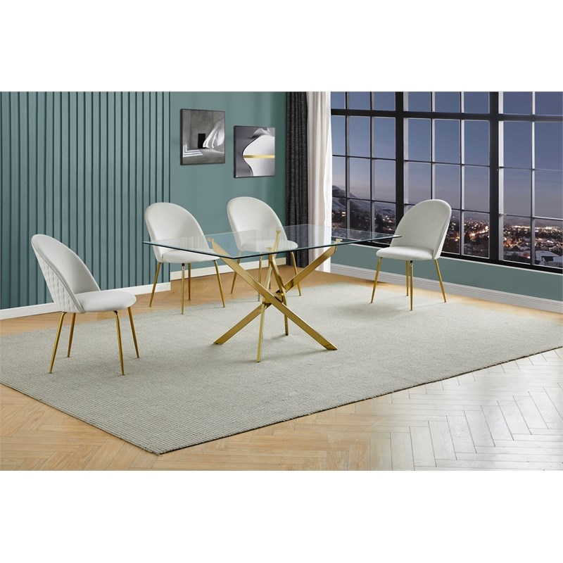 Best Quality Furniture 5pc Glass Dining Set with Cream Velvet Chairs