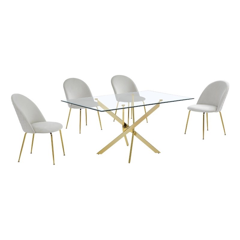 Best Quality Furniture 5pc Glass Dining Set with Cream Velvet Chairs