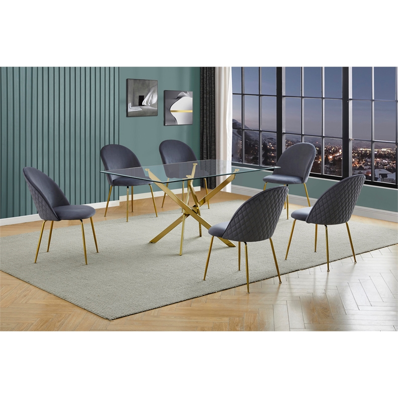 Best Quality Furniture 7pc Glass Dining Set with Dark Gray Velvet Chairs