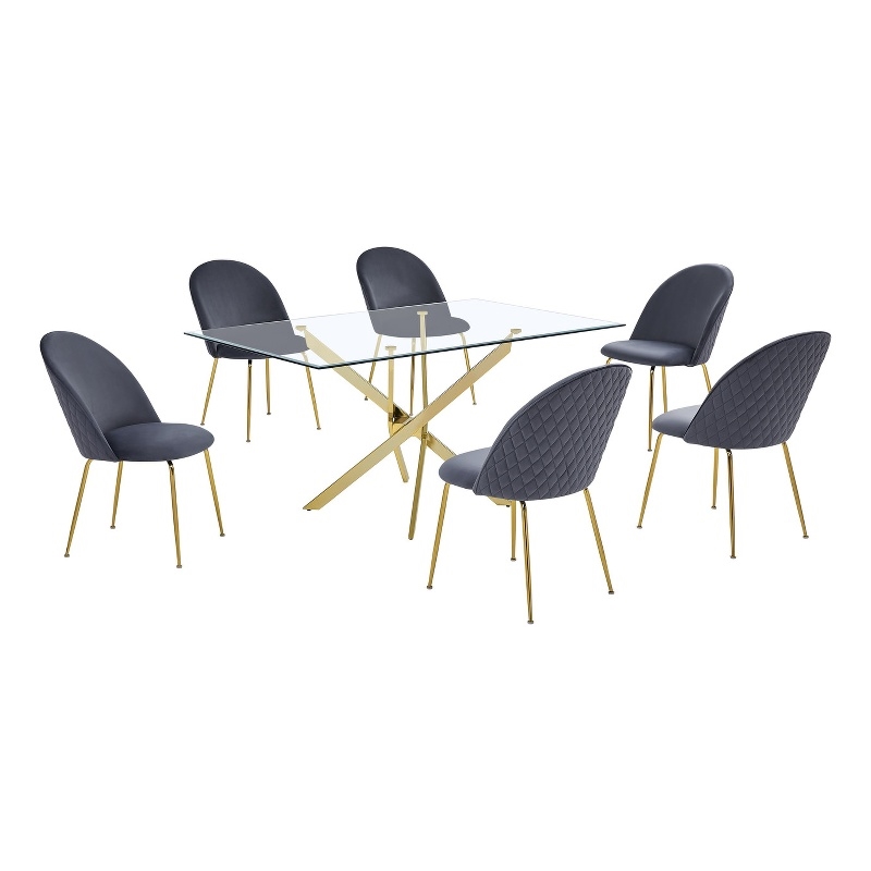 Best Quality Furniture 7pc Glass Dining Set with Dark Gray Velvet Chairs