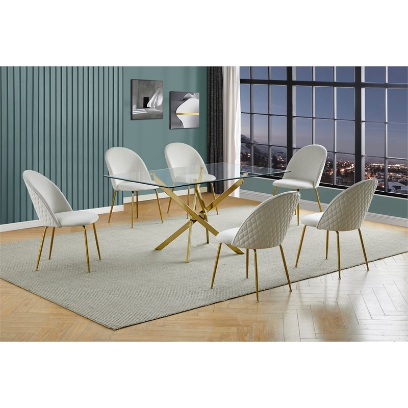 Best Quality Furniture 7pc Glass Dining Set with Cream Velvet Chairs
