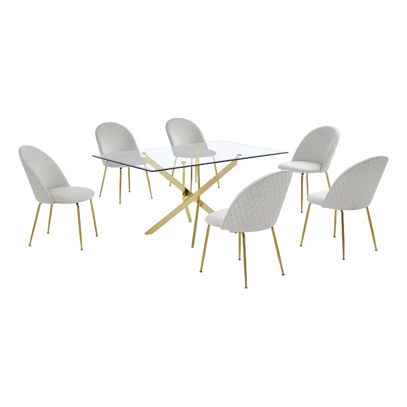 Best Quality Furniture 7pc Glass Dining Set with Cream Velvet Chairs