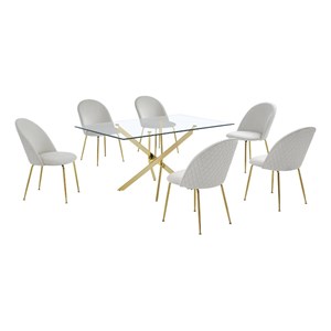Best Quality Furniture 7pc Glass Dining Set with Cream Velvet Chairs