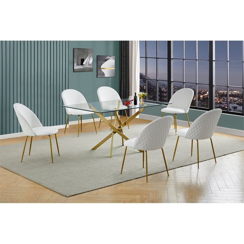 Best Quality Furniture 7pc Glass Dining Set with White Faux Leather Chairs
