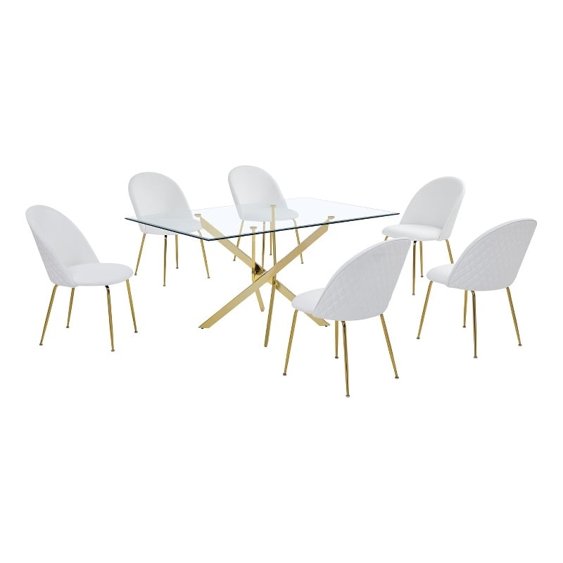 Best Quality Furniture 7pc Glass Dining Set with White Faux Leather Chairs