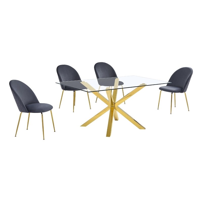 Best Quality Furniture 5pc Glass Dining Set with Dark Gray Velvet Chairs