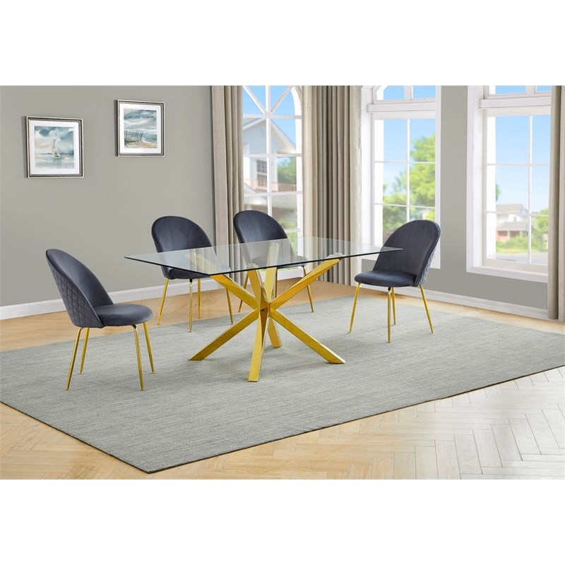 Best Quality Furniture 5pc Glass Dining Set with Dark Gray Velvet Chairs