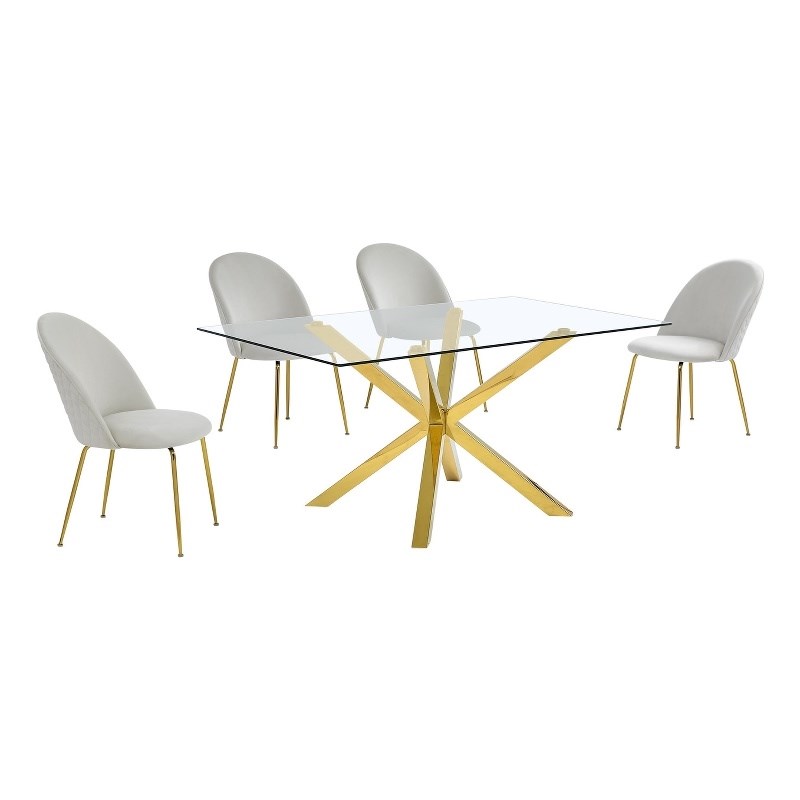 Best Quality Furniture 5pc Glass Dining Set with Cream Velvet Chairs