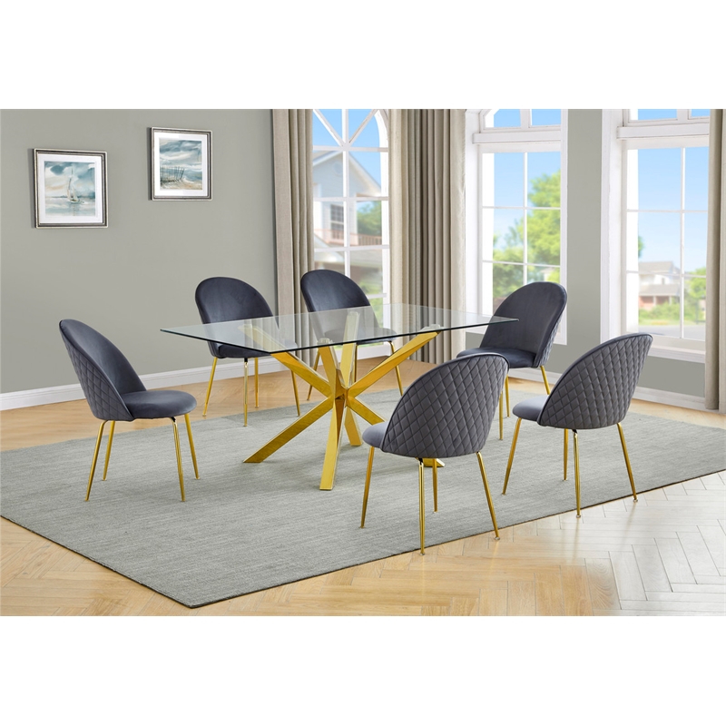 Best Quality Furniture 7pc Glass Dining Set with Dark Gray Velvet Chairs