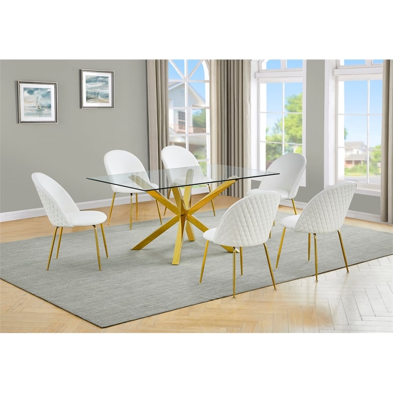 Best Quality Furniture 7pc Glass Dining Set with White Faux Leather Chairs