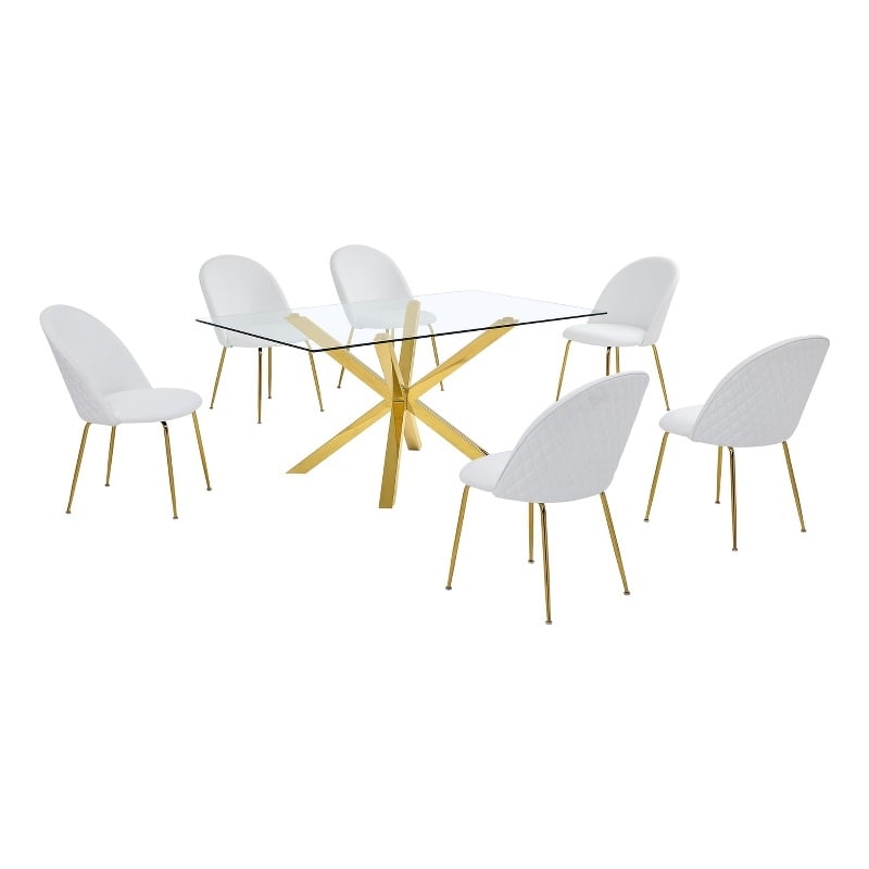 Best Quality Furniture 7pc Glass Dining Set with White Faux Leather Chairs