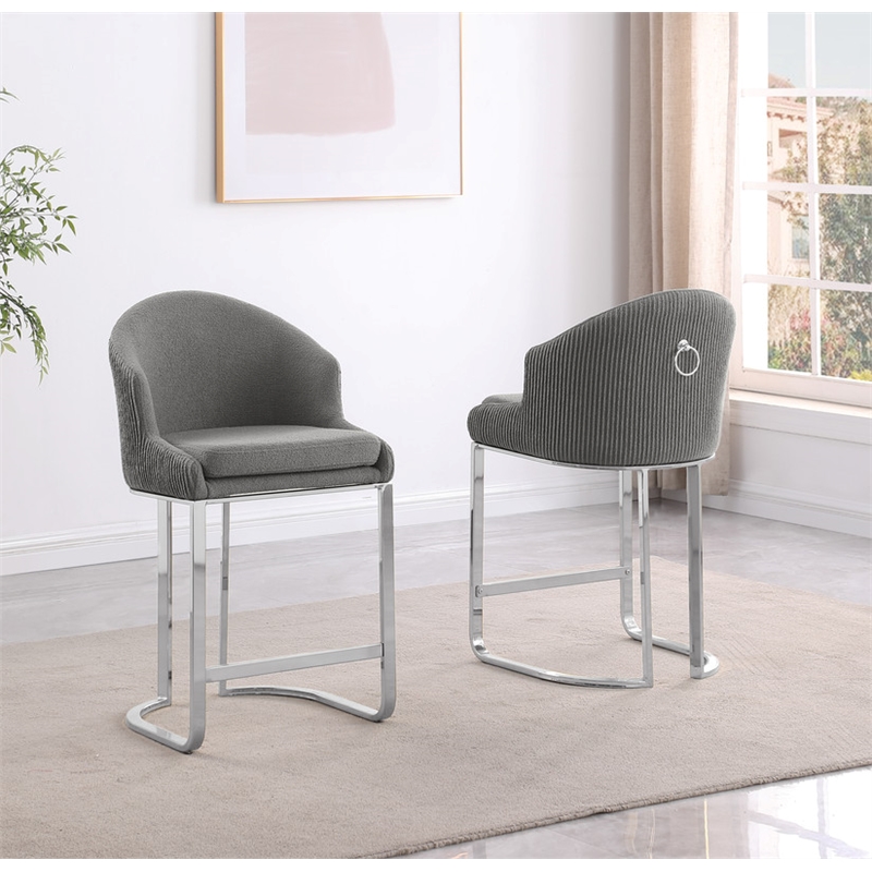 Best Quality Furniture Set of 2 Barstools in Gray Teddy Fabric and Chrome