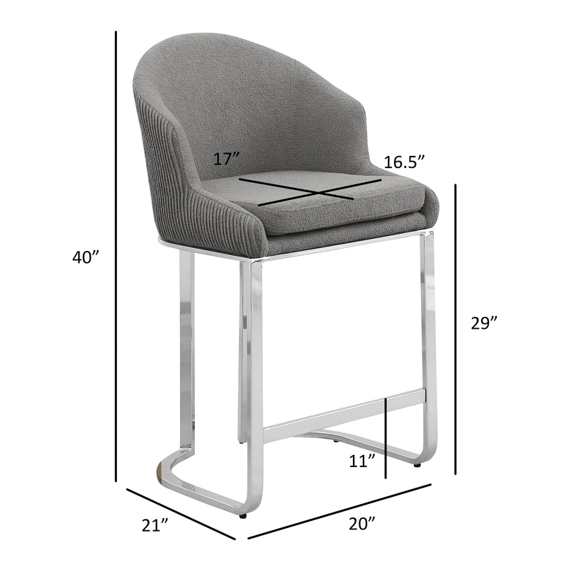 Best Quality Furniture Set of 2 Barstools in Gray Teddy Fabric and Chrome