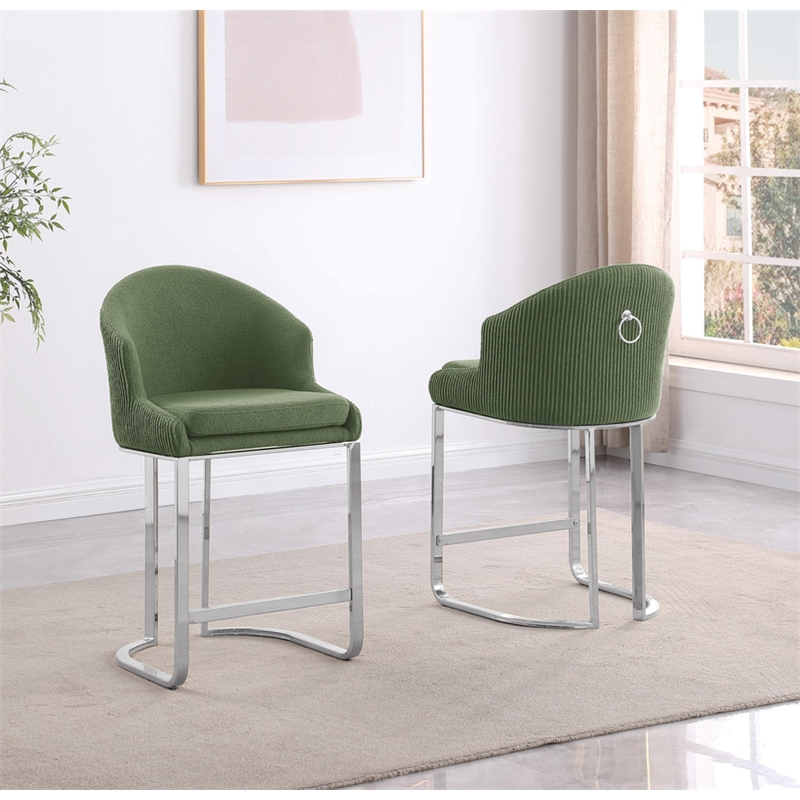 Best Quality Furniture Set of 2 Barstools in Green Teddy Fabric and Chrome