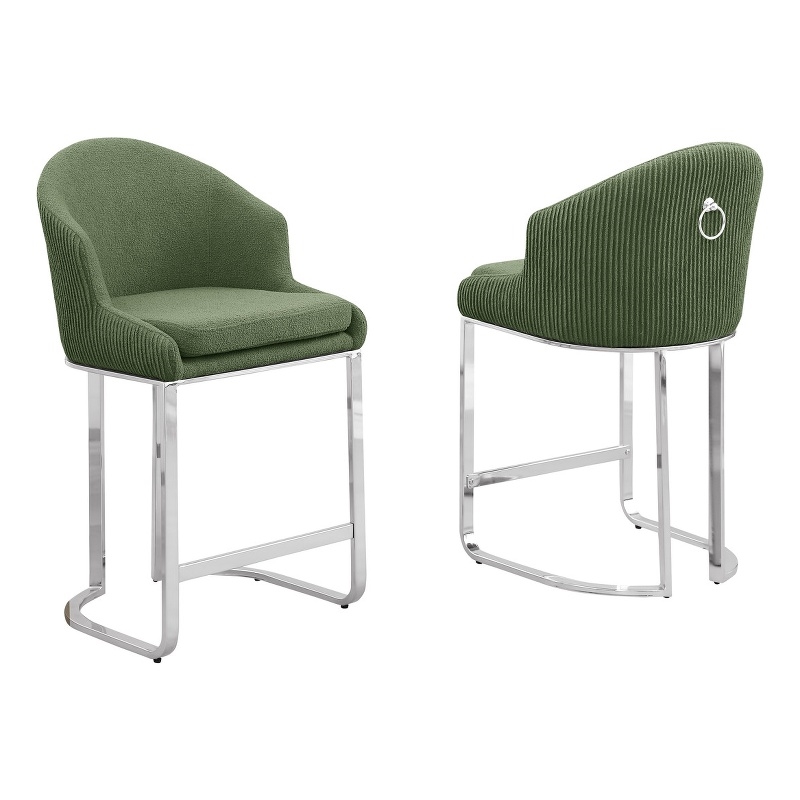 Best Quality Furniture Set of 2 Barstools in Green Teddy Fabric and Chrome