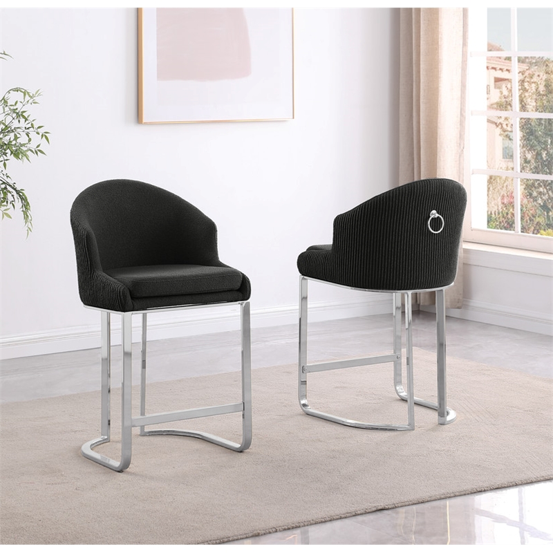 Best Quality Furniture Set of 2 Barstools in Black Teddy Fabric and Chrome