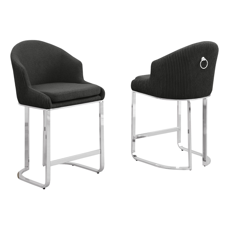 Best Quality Furniture Set of 2 Barstools in Black Teddy Fabric and Chrome