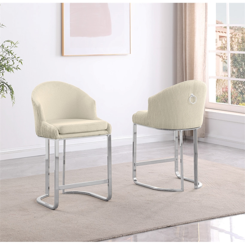 Best Quality Furniture Set of 2 Barstools in Cream Teddy Fabric and Chrome